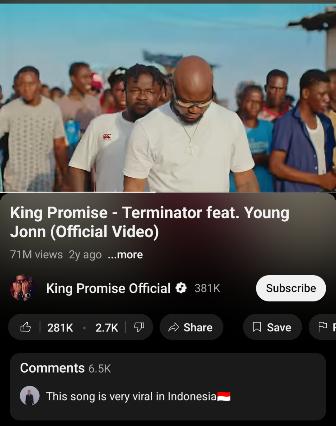YouTube comment about Indonesia A video thumbnail featuring a still from King Promise's "Terminator" music video, with the artist and a crowd in the background. Overlaid on the image is large, bold text in yellow and pink that reads, "TERMINATOR IT'S A HIT IN INDONESIA?". Below this text, in smaller white font, is the URL for the post