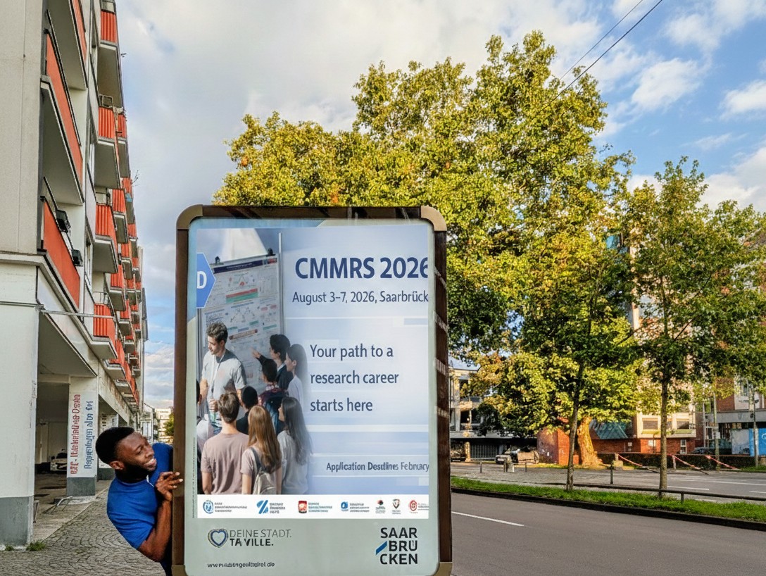 Richard looking at a billboard in Saarbrucken with CMMRS on it's banner 