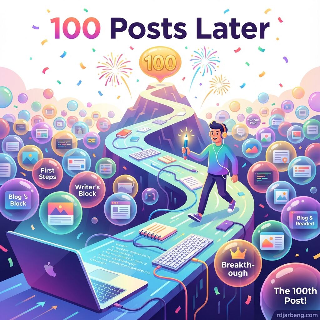 Cover image for 100 posts later - lessons learnt from building this blog, showing a journey of 100 posts with rdjarbeng.com watermark