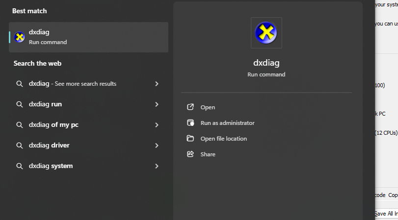 directX diagnostics in windows start menu Screenshot of windows menu showing the dxdiag search results