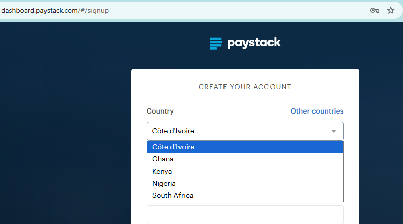 Screenshot of the list of Supported Countries on the Paystack Signup Page showing Cote d'Ivoire, Ghana, Kenya, Nigeria, South Africa