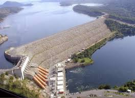 Akosombo Dam in Ghana top view image showing the lake and Dam Tubes and retaining wall
