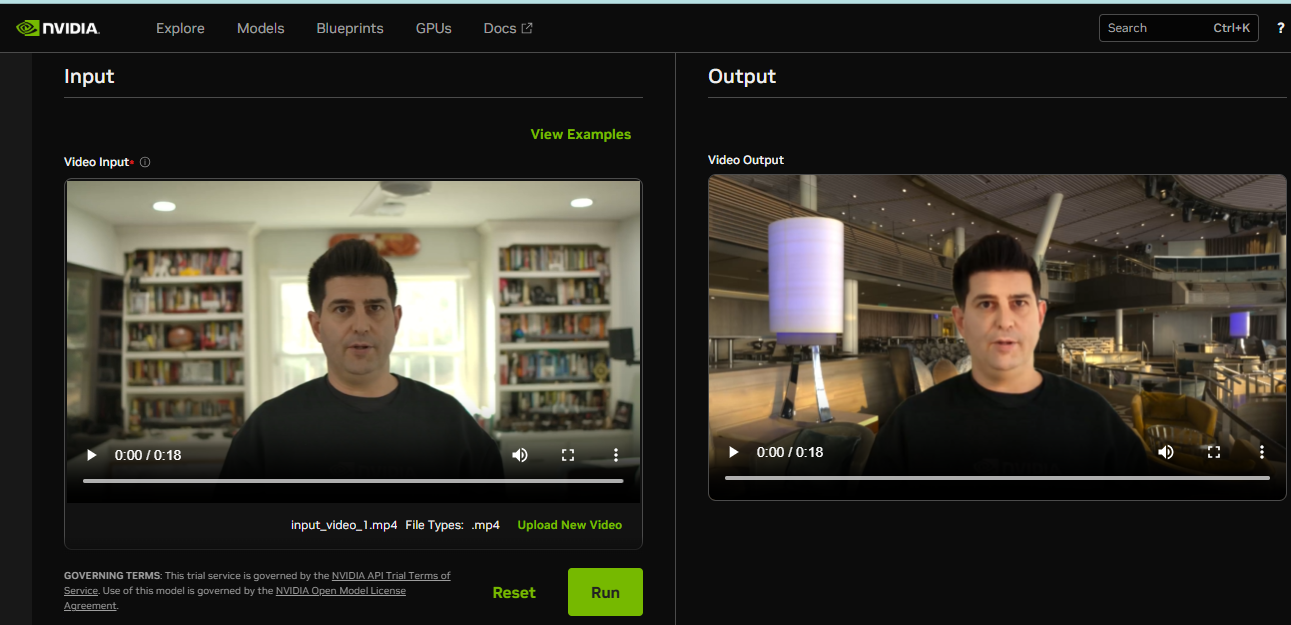 Nvidia relighting model example screenshot in the browser showing a person with different lighting styles applied