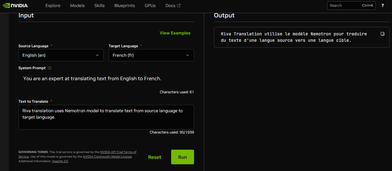 Translating English to French. Riva Translate model can translate spoken or written text Riva Translate model can translate spoken or written text, it's shown translating text from English to French after a menu with different options are selected.