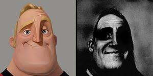 The beginning vs the end Mr incredible from the Pixar movie shown in bright color, compared with a darker monochrome picture