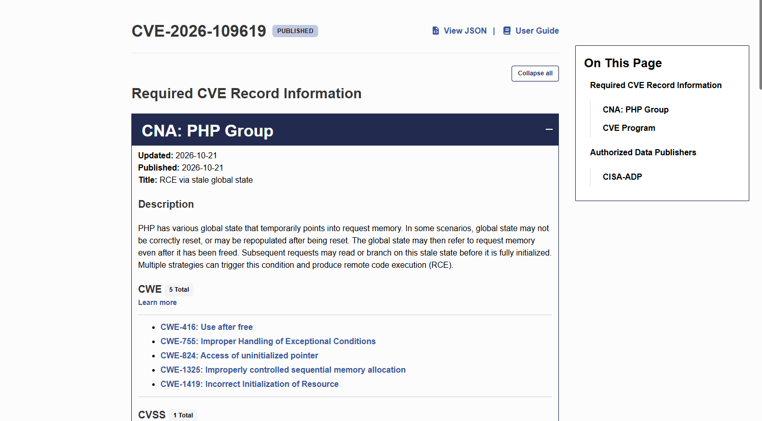 The CVE record for CVE-2026-109619, published by the PHP Group on 21 October 2026, titled RCE via stale global state