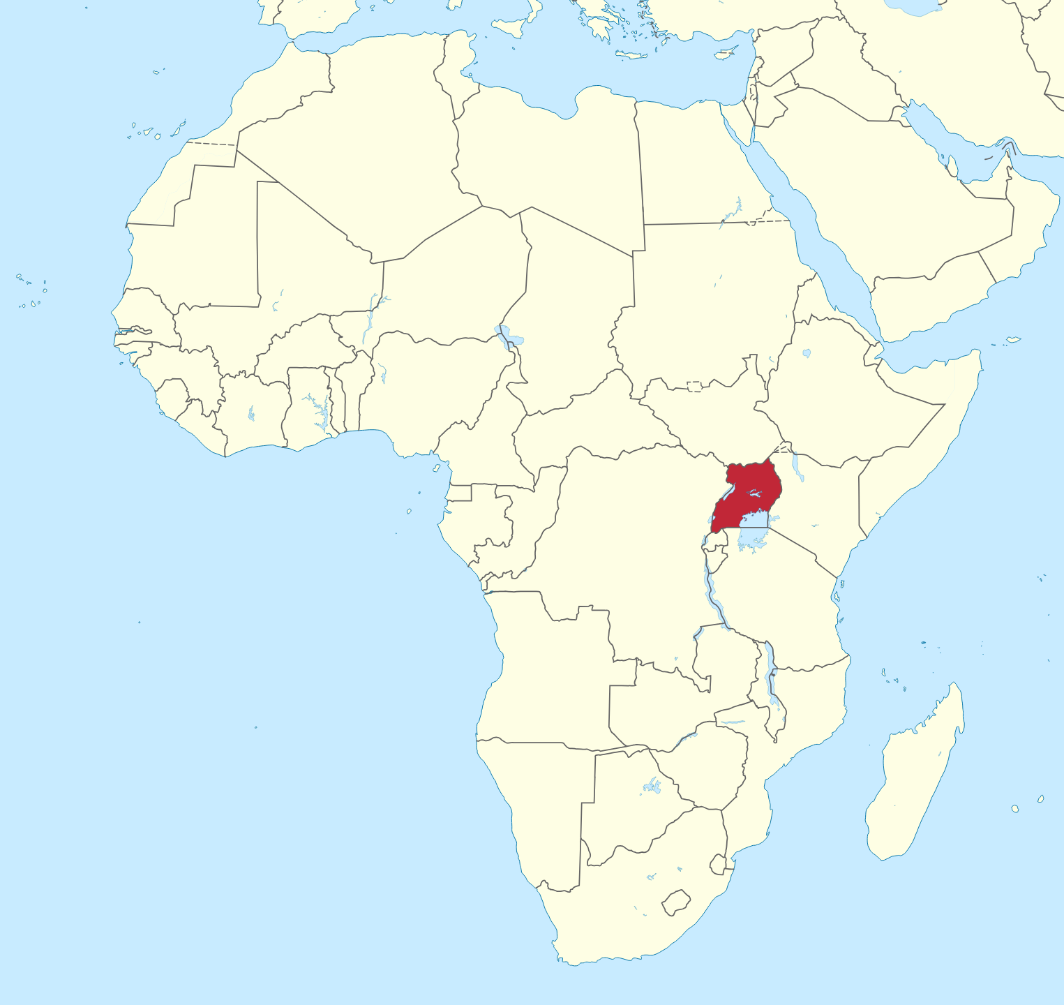 Uganda in Africa Uganda in Africa (-mini map -rivers) from Wikipedia showing Uganda in maroon color on a border map of Africa