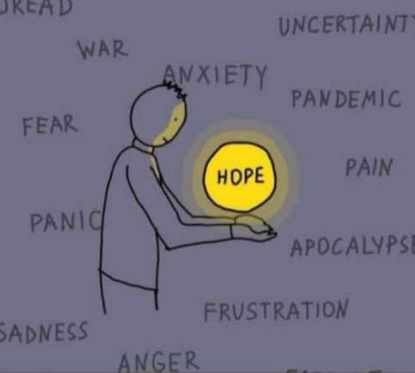 a picture of hope in the misdst of other text: war, fear, anxiety, pain, panic