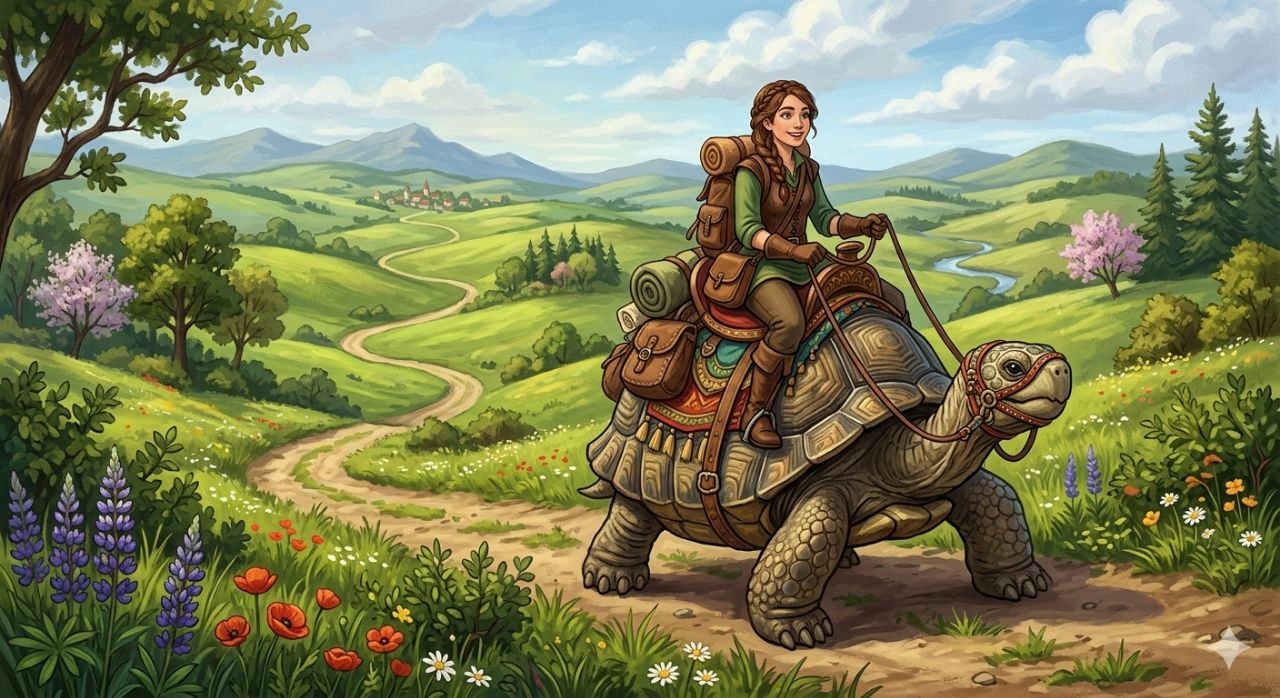 An illustration of how a person could ride a tortoise across the hills?