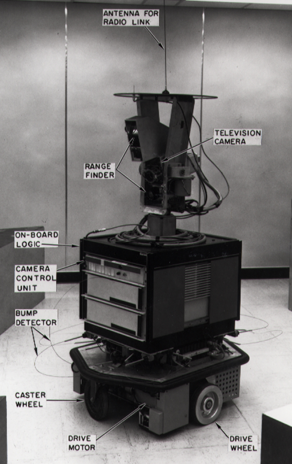 Shakey the Robot (1969): Early Embodied AI and Logical Planning Shakey the Robot at SRI International with callouts indicating its TV camera, range finder, and antenna link
