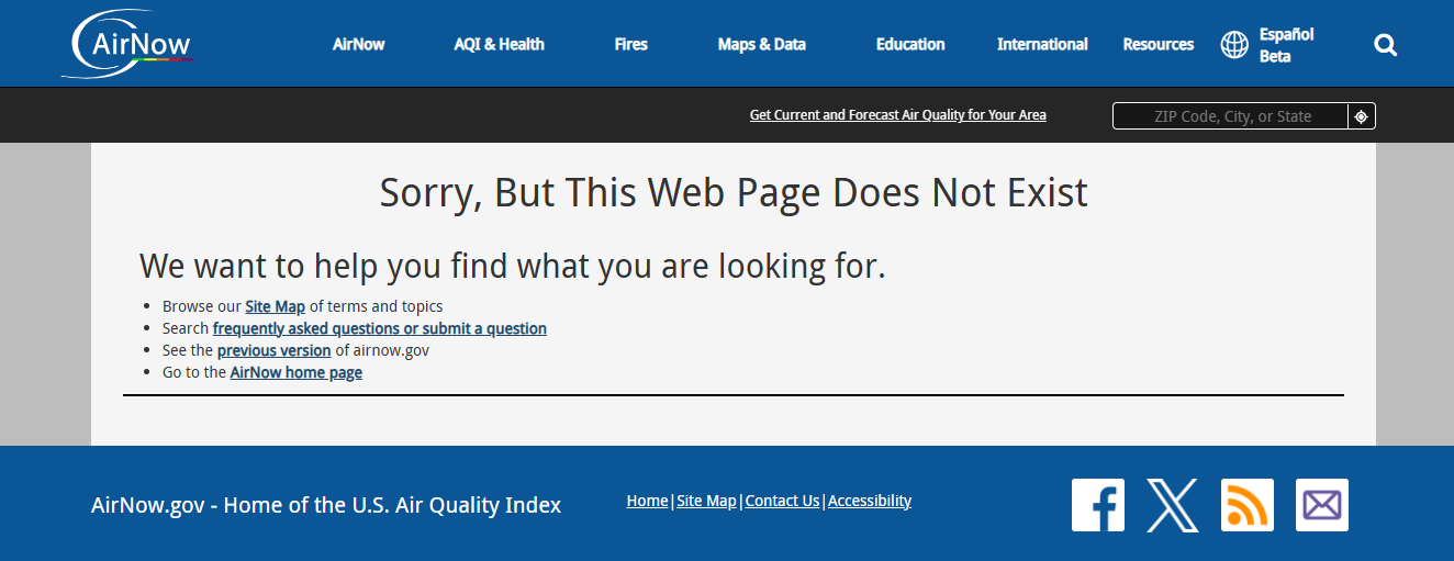 Air now website down for us embassies Screenshot of airnow website showing 'this web page does not exist' message