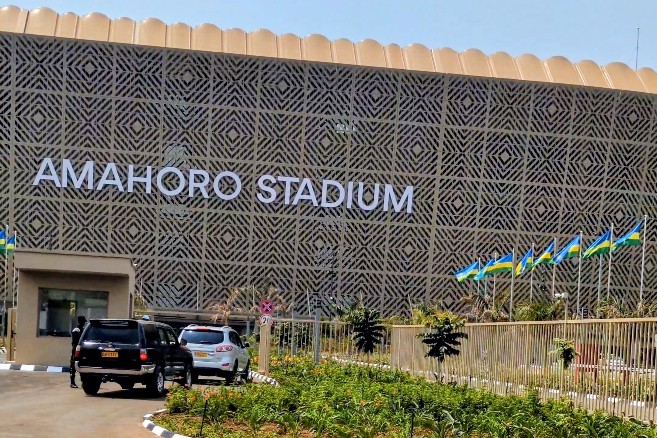 Amahoro stadium entrance with security checkpoint with the stadium name shown 