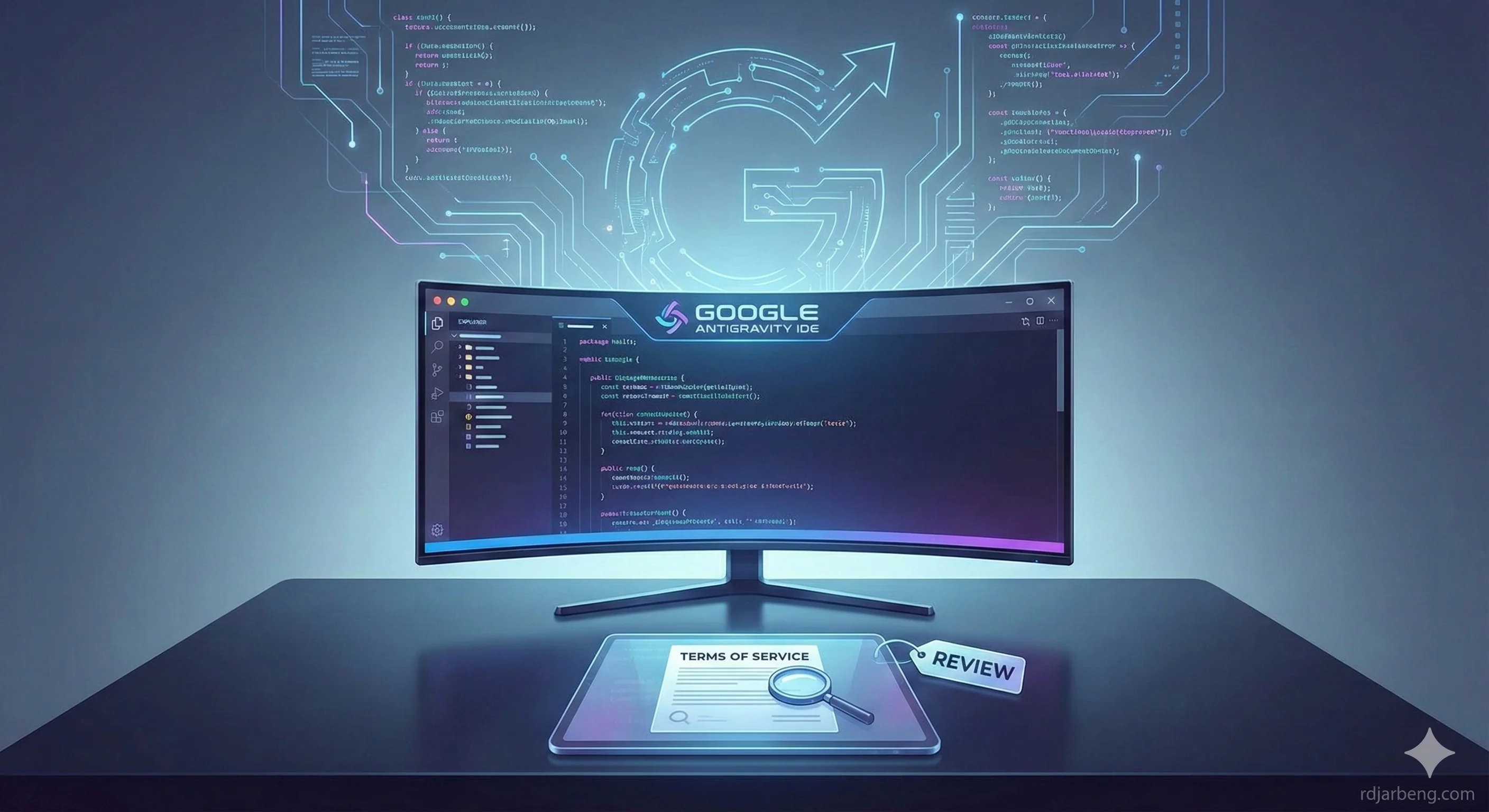 A dark, futuristic image for a tech review. A curved computer monitor displays the Google Antigravity IDE interface with lines of code. Above the screen, a glowing circuit pattern connects to a large Google 'G' logo, symbolizing the flow of AI data. In the foreground, a transparent tablet features the words 