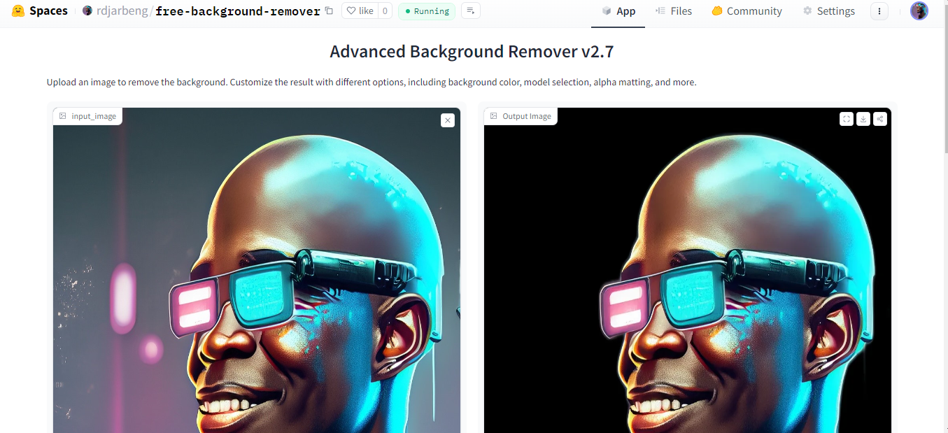 Screenshot of background remover by Richard Djarbeng on hugging face showing the original image before and the background image removed after