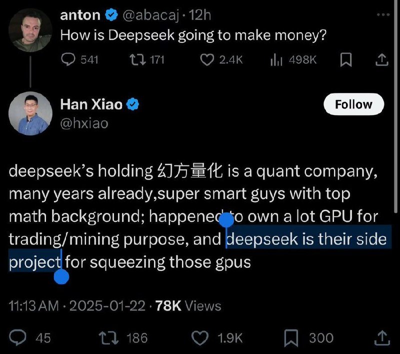 Deepseek R1 is the company's side project