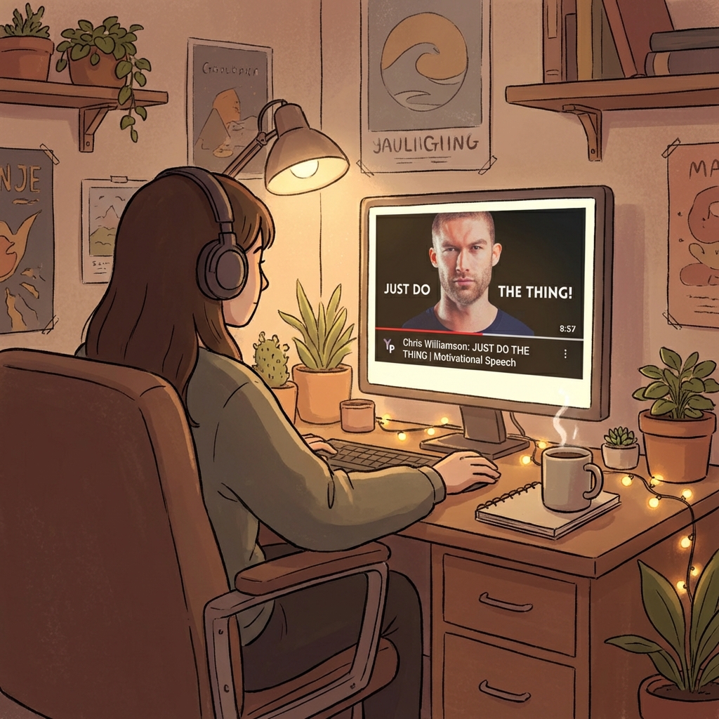 Animated illustration of a person watching Chris Williamson on a monitor