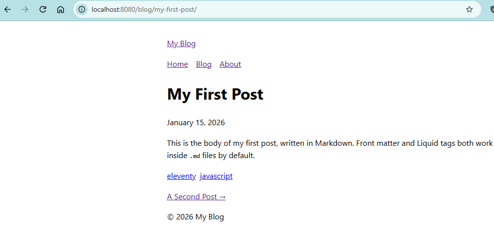 Eleventy starter screenshot after prev/next links