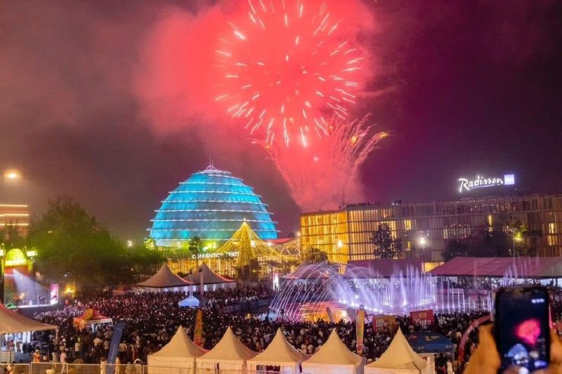 Fireworks at Radisson Blu with Kigali convention center in Background