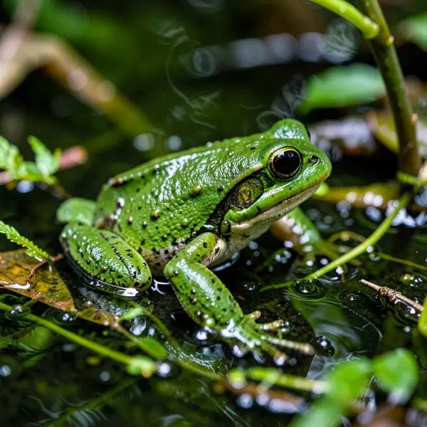 A frog generated by Flux 2 Klein 4B a macro wildlife photo of a green frog in a rainforest pond, highly detailed, eye-level shot