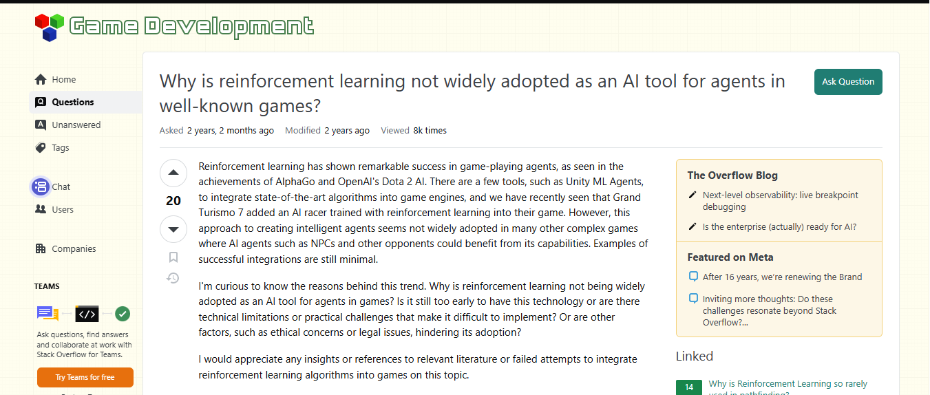 Reinforcement learning in Game development screenshot from stackxchange