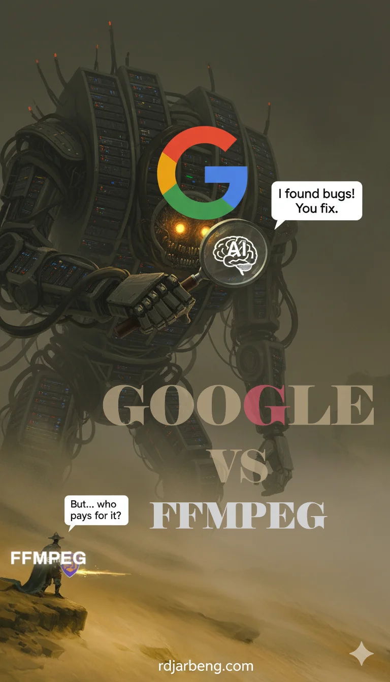 A vertical poster illustrating the Google vs. FFmpeg debate using a 