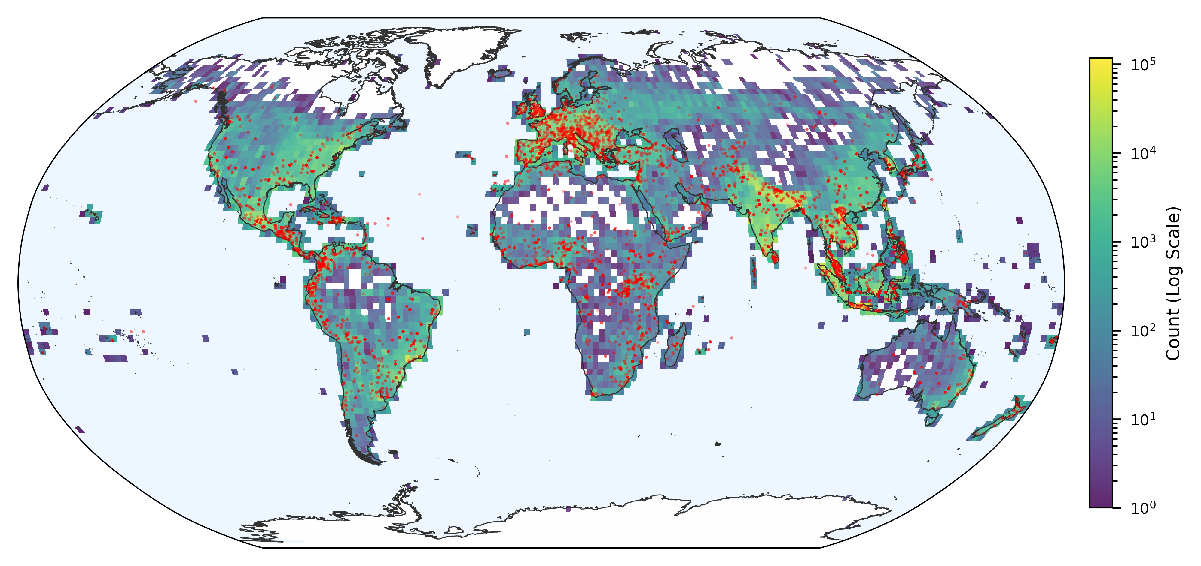 Global spatial distribution of extracted flood events aggregated per grid cell on a Robinson projection (logarithmic scale), with red centroids representing GDACS reference disasters. Global Spatial Distribution