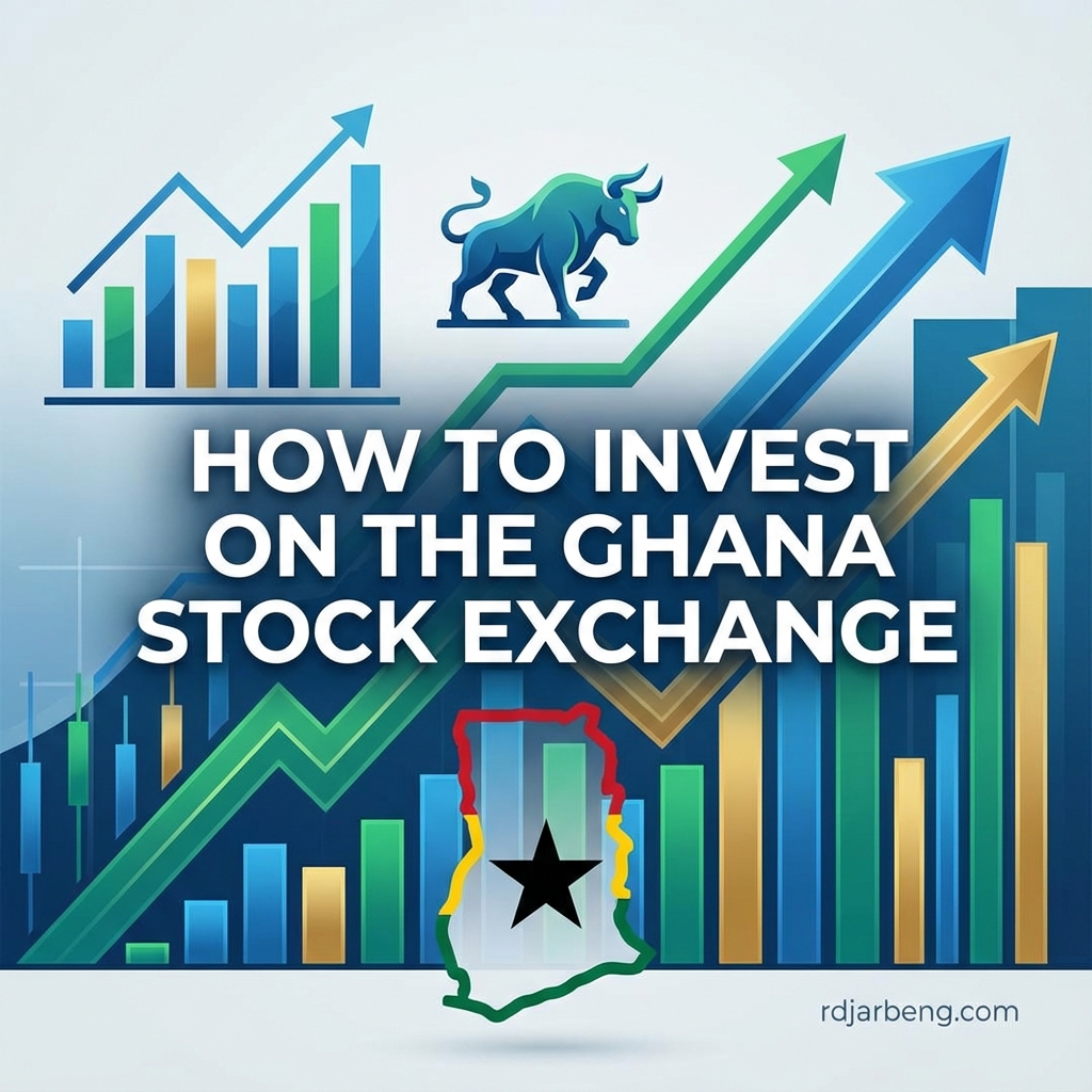 Illustration of Ghana Stock Exchange with bull market symbol and financial charts