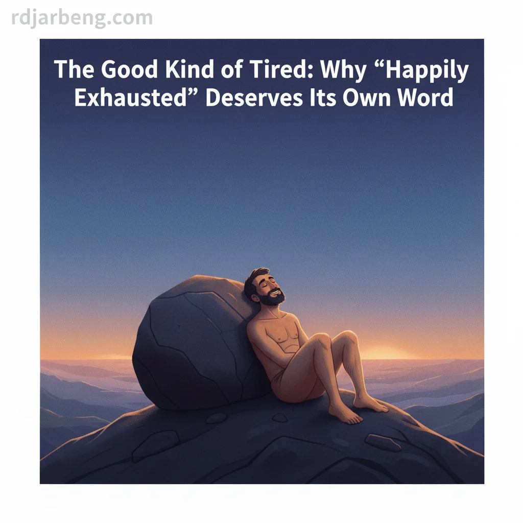 Illustration of a man leaning happily exhausted against a large rock on a mountain top at sunset. The text reads: 