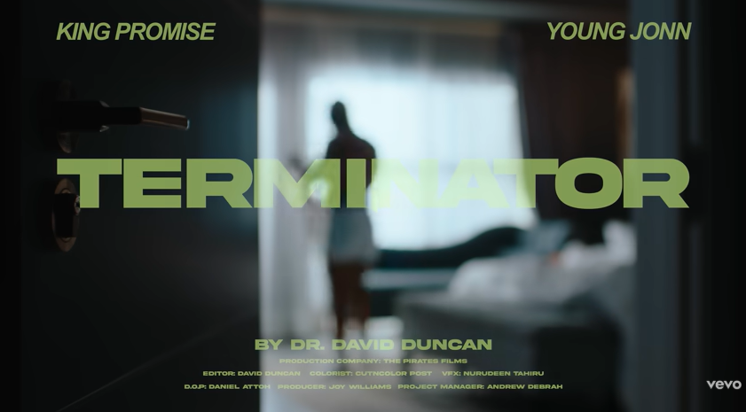 Terminator song screenshot of video clip Blurred bedroom intro with overlaid song details text.