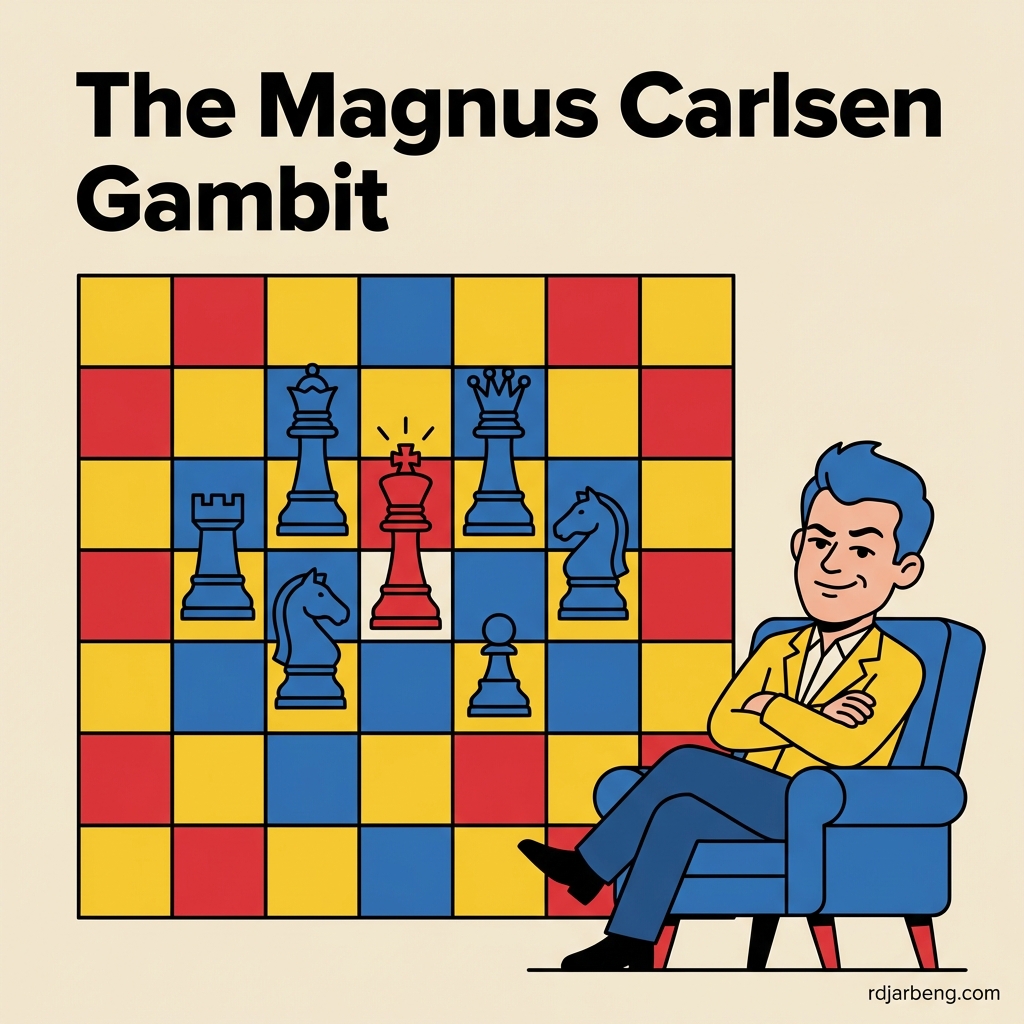 A stylized illustration of Magnus Carlsen playing a gambit with his king in the center of the board.