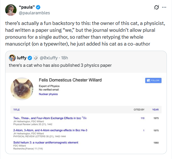A Cat That Has Published 3 Physics Papers -Felis Domesticus Chester Willard