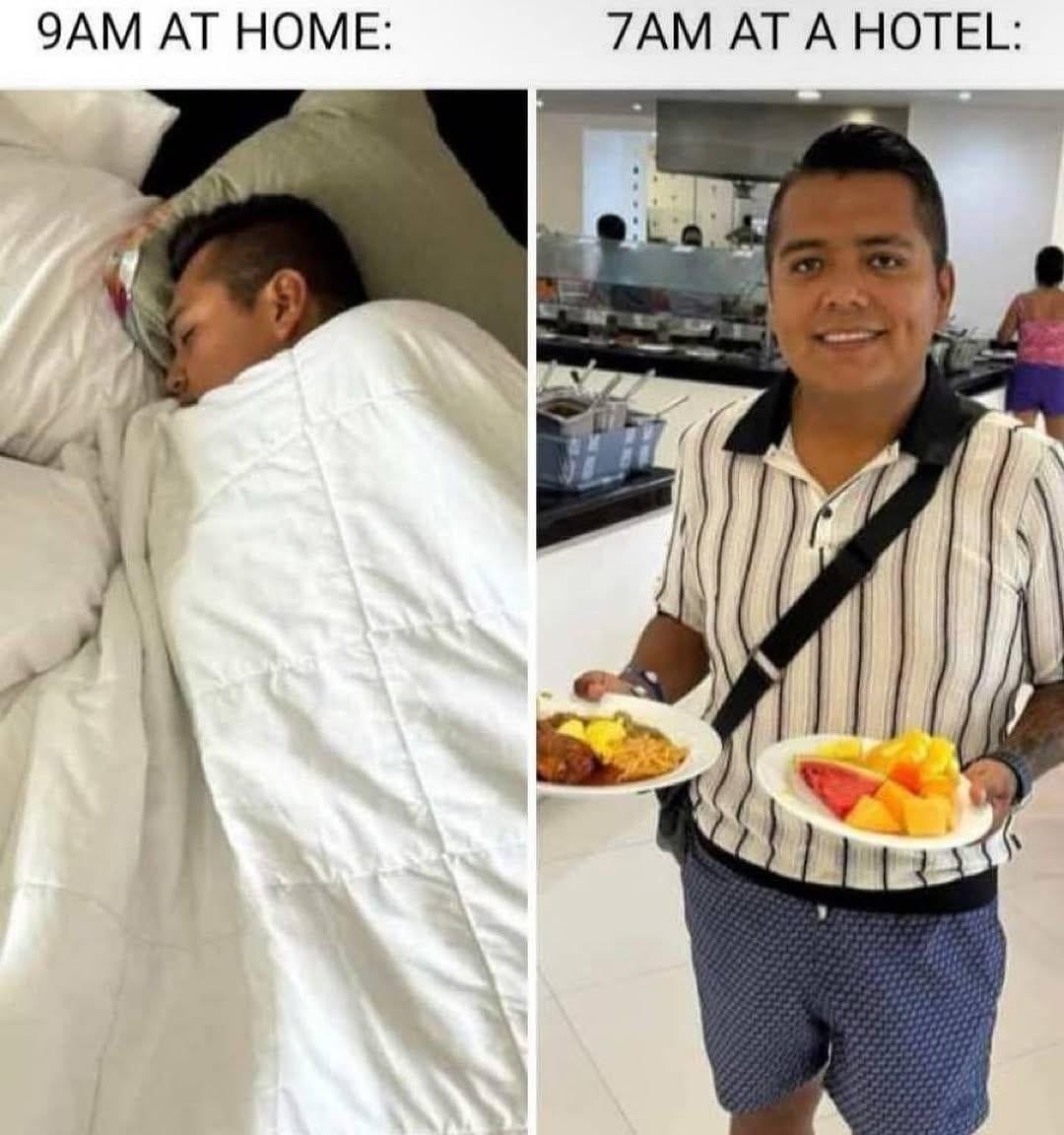 9am at home vs 7am at hotel