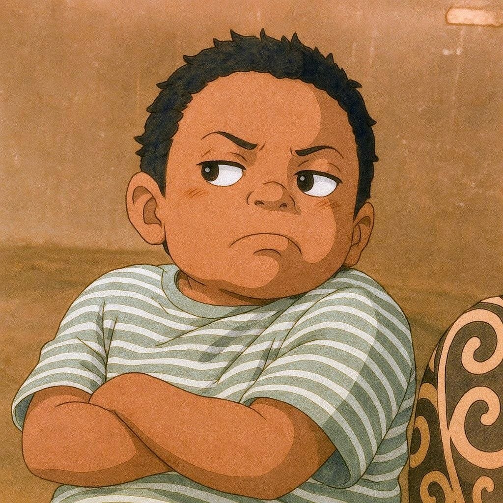 Enhanced Image Popo from Nigeria with Arms folded drawn in studio Ghibli art style