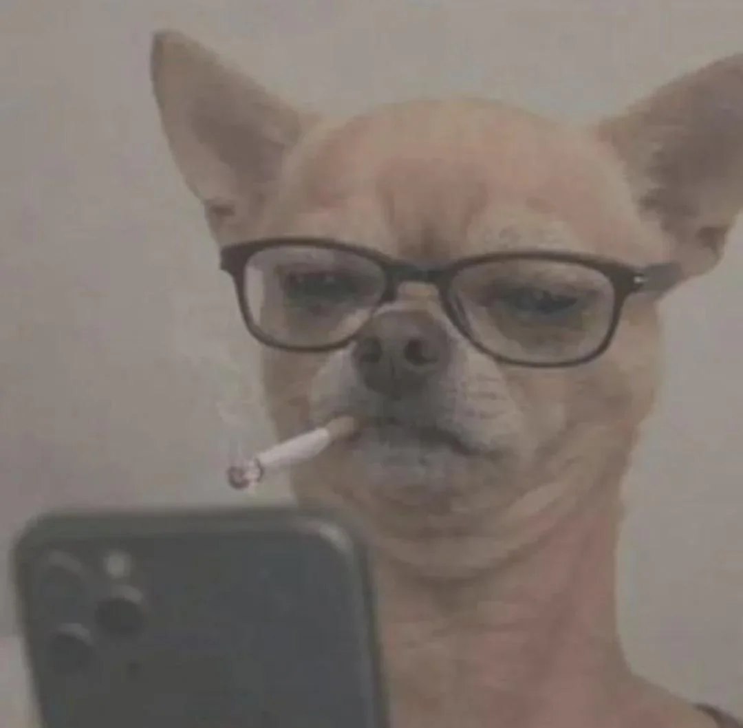 Judgmental Dog with Glasses and Cigarette looking at Phone