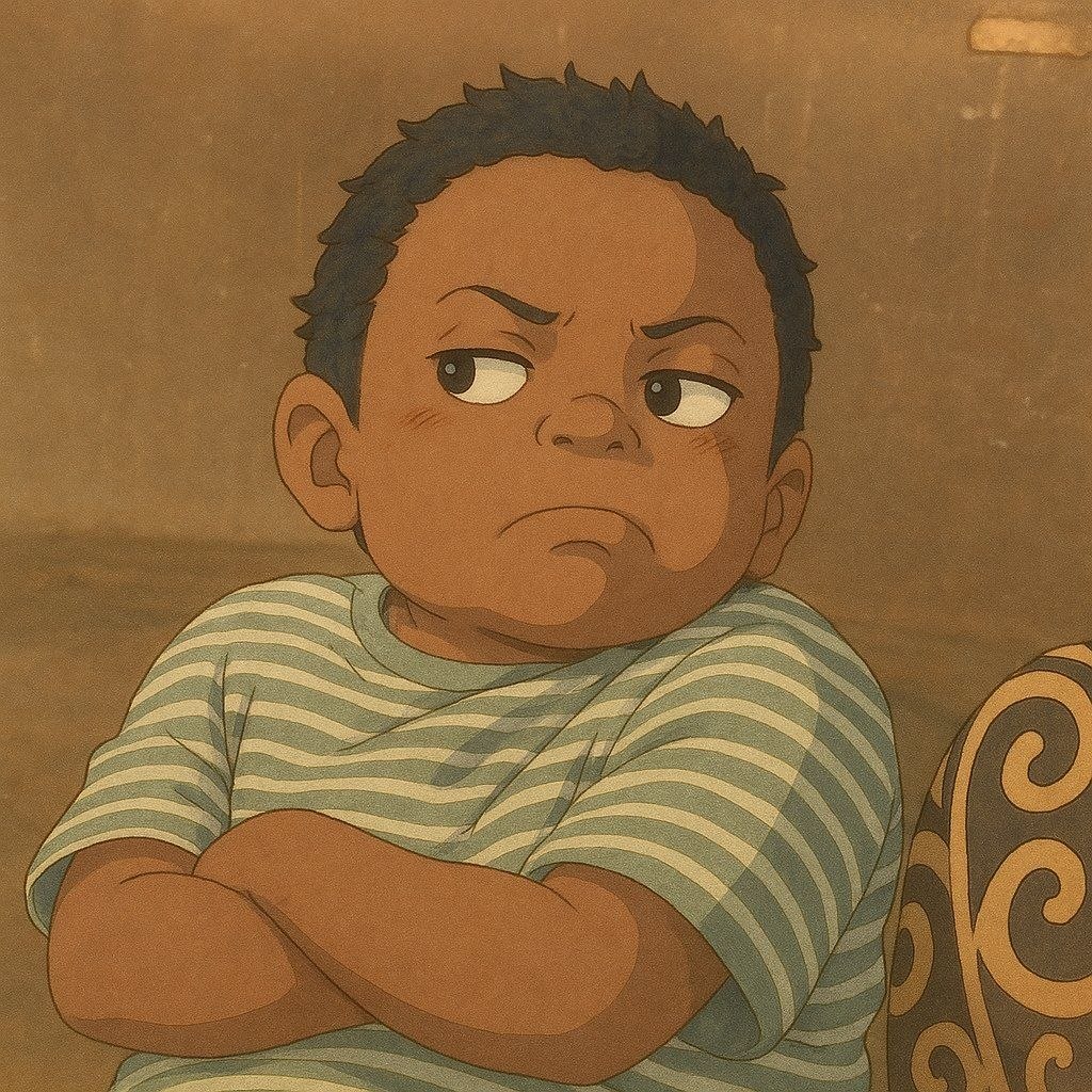 Popo from Nigeria arms folded drawn in studio Ghibli art style