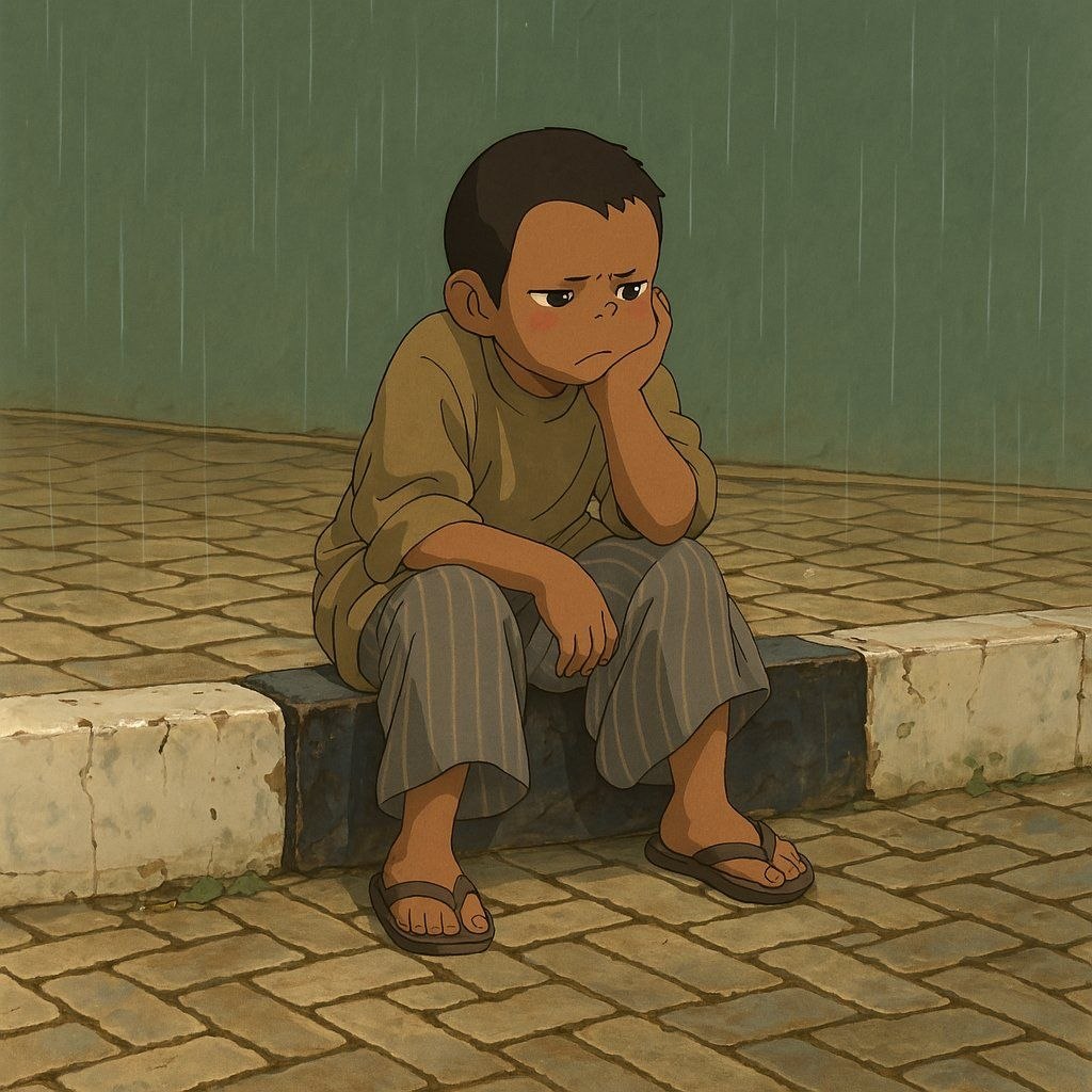 Popo thinking in the rain drawn in studio Ghibli art style