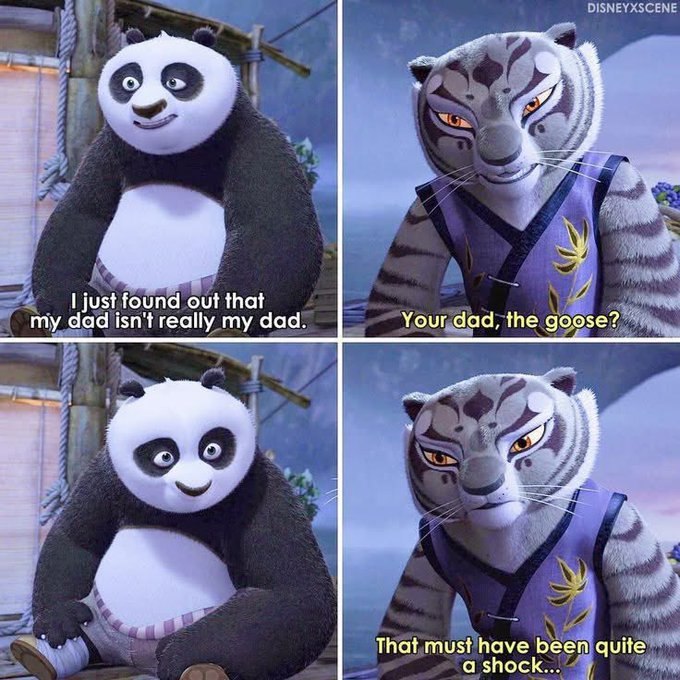 This is a four-panel Kung Fu Panda comic, showing Po (Panda) telling Tigress he discovered his dad (Goose) isn't his real dad.