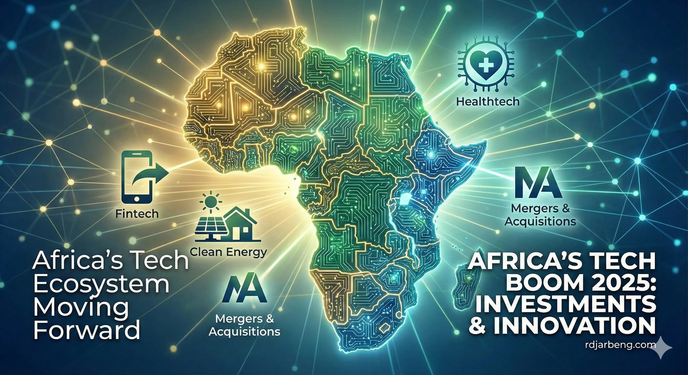 A stylized, glowing, circuit-board map of Africa overlaid on a digital background with radiating connections. Key sectors and themes are highlighted around the map with icons and text, indicating a growing technology ecosystem. The highlighted sectors are Fintech (smartphone icon with an arrow), Clean Energy (solar panel and house icon), Healthtech (heart with a plus sign icon), and Mergers & Acquisitions (M&A acronym, appearing twice). Text reads: 