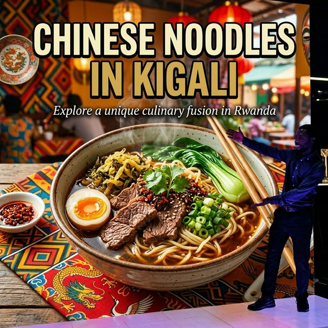 Chinese Noodles in Kigali cover image showing a steaming bowl of ramen noodles with beef, eggs and vegetables