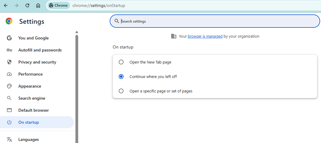 Chrome Resume on Start Setting