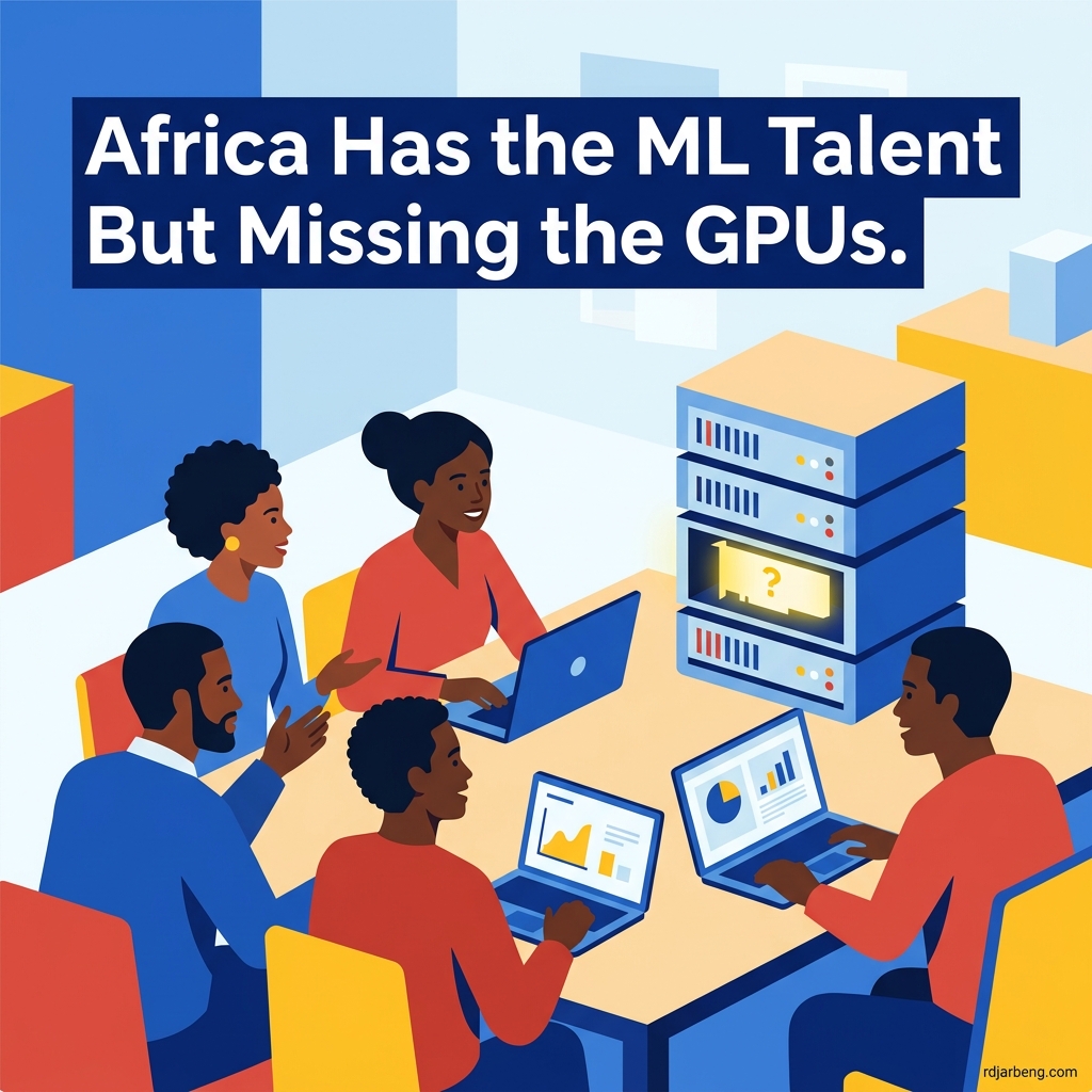 Flat vector illustration of African machine learning researchers at computers with an empty GPU slot
