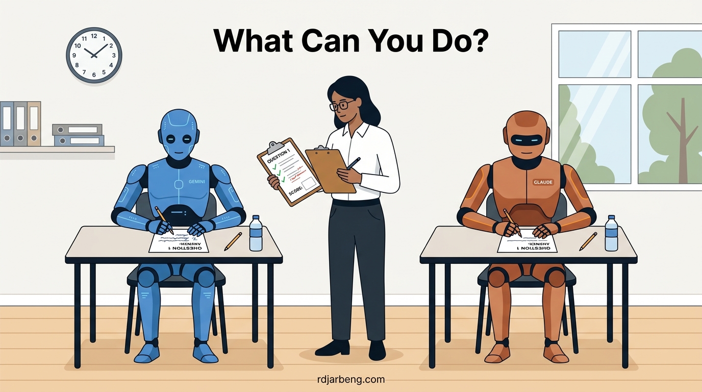 Flat vector illustration of two AI robots sitting at desks taking a written exam while a human grades their responses