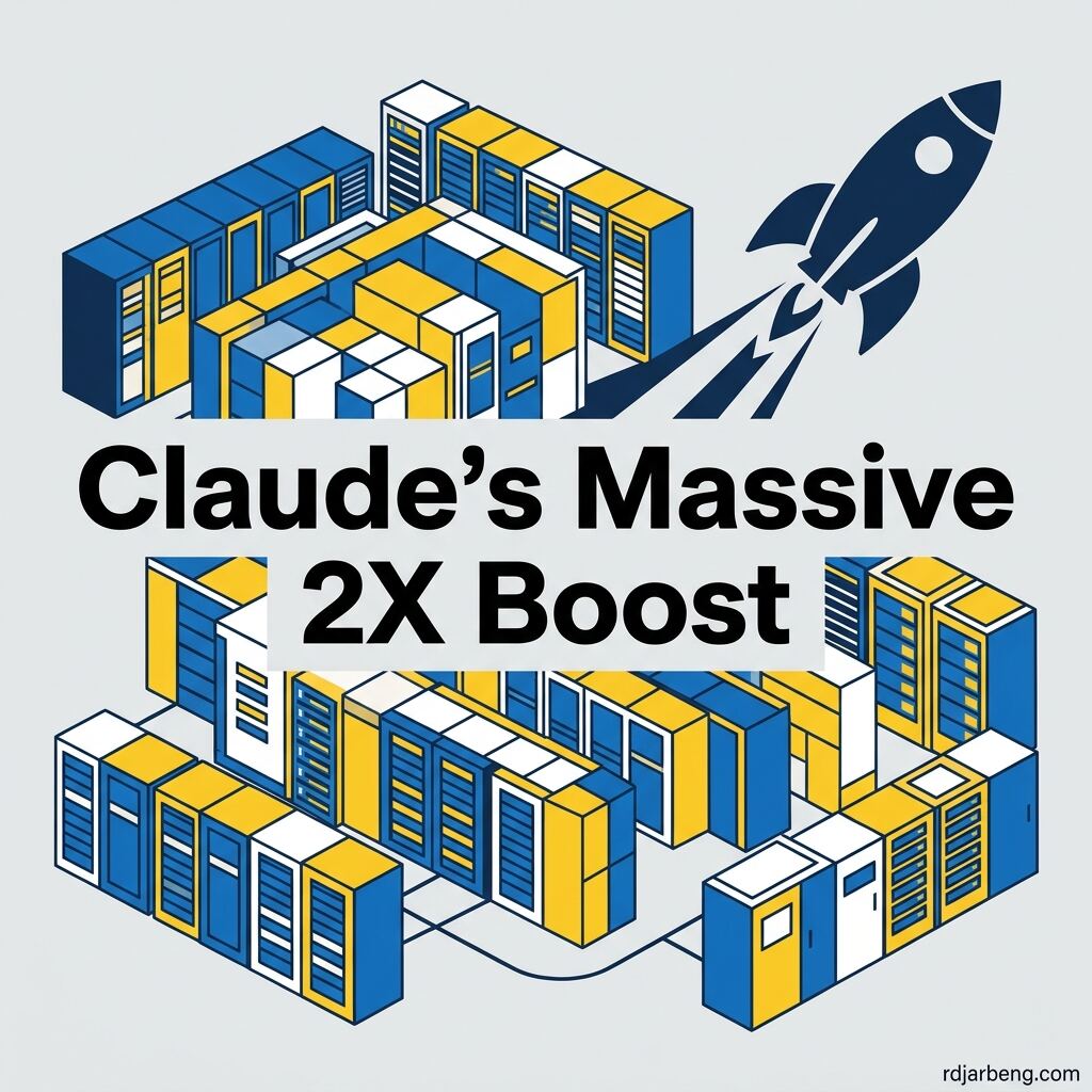 A flat vector illustration for the blog post "Claude's Massive 2X Boost" featuring a supercomputer and rocket silhouette.