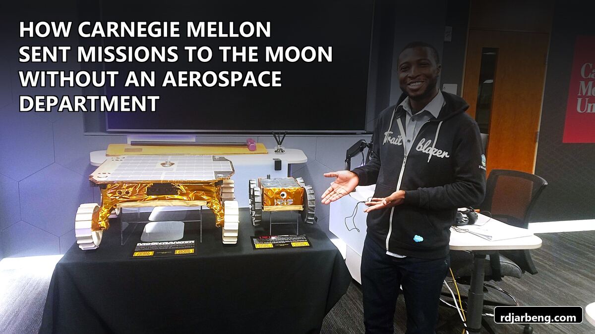 Richard standing beside the Iris and MoonRanger lunar rovers at Carnegie Mellon University