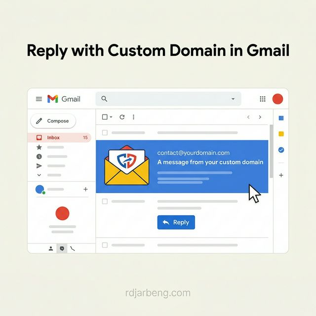 Illustration of an email envelope with a custom domain logo interacting with the Gmail inbox interface