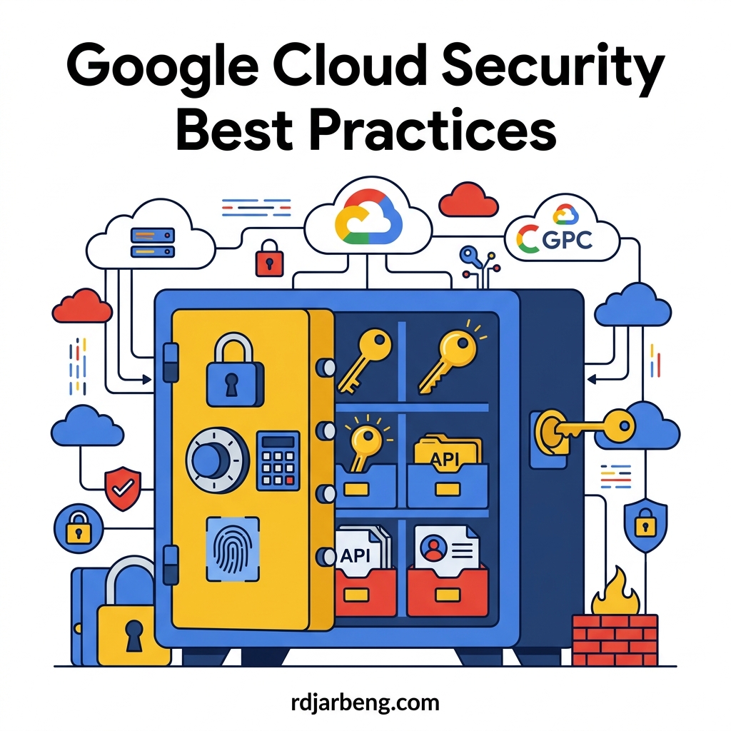 A flat vector illustration of a digital vault securing golden API keys and service accounts inside a Google Cloud environment
