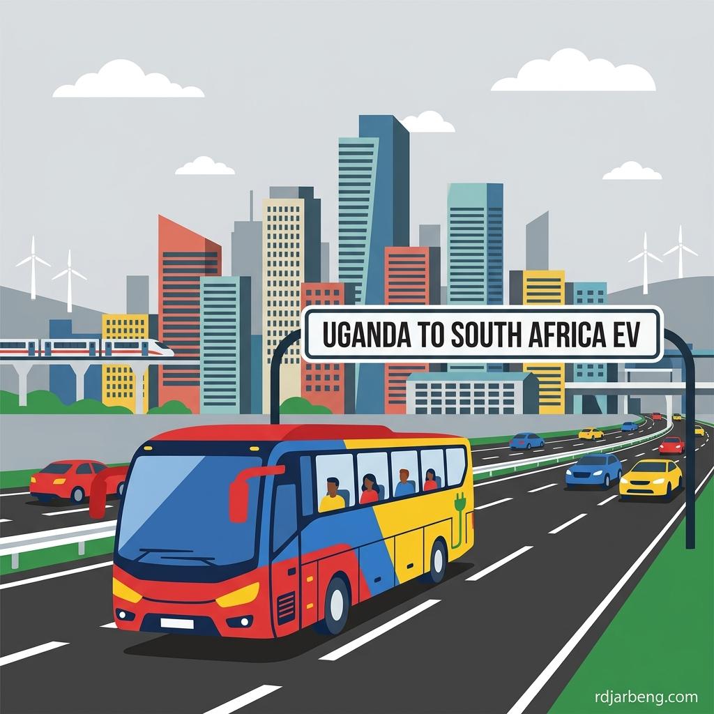 Flat vector illustration of a Kayoola electric coach bus driving across an African road with a city in the background showcasing a modern electric coach driving down a well-paved highway leading into a bustling contemporary African metropolis.