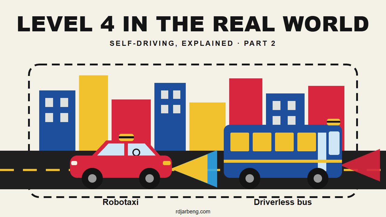 A driverless robotaxi and a driverless bus inside a geofenced city area