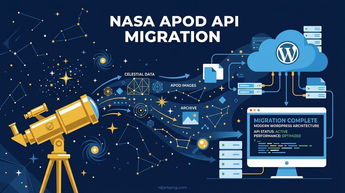 NASA APOD API migration illustration showing telescope data moving into a WordPress cloud architecture