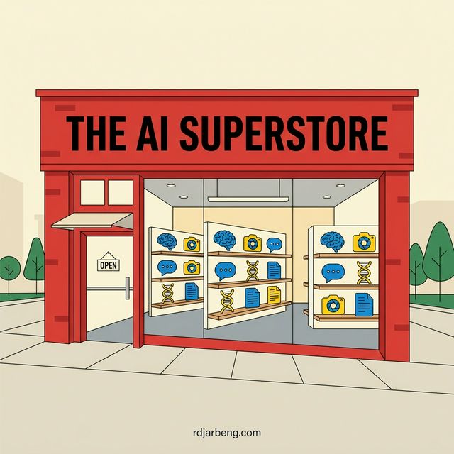 A flat vector illustration of a storefront styled as an AI superstore with shelves displaying colorful model icons including a brain, camera, speech bubble, and DNA helix